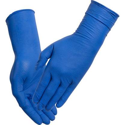 Abgebildet ist ein Paar Abena Re-Seller GmbH Thor Ultra Grip Long Nitril-Handschuhe, 30 cm, blau mit strukturierter Oberfläche, vor weißem Hintergrund.