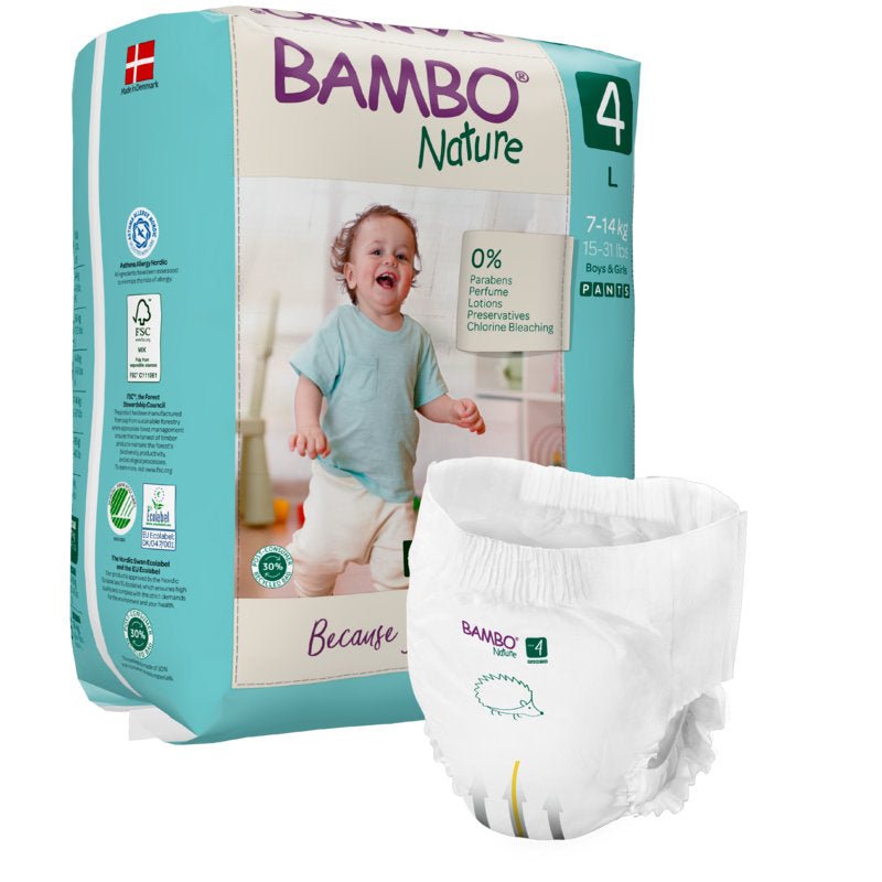 A package of Abena Re-Seller GmbH Bambo Nature Pants is shown next to a single diaper, featuring a smiling toddler, product details, and symbols for eco-friendly and skin-friendly certifications.