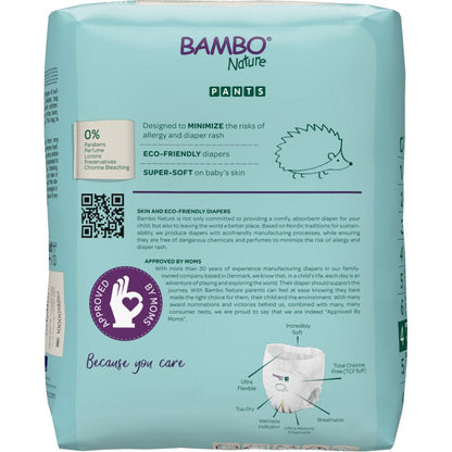 The back of a Bambo Nature Pants from Abena Re-Seller GmbH shows product information on a light blue background, the statements "skin-friendly" and "eco-friendly diapers", a cute hedgehog, a seal of approval, and a QR code.