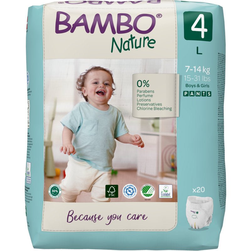 A pack of Bambo Nature Pants from Abena Re-Seller GmbH (Size 4) shows a smiling toddler in a light blue shirt and a white diaper. The 20-pack states "0% parabens, perfume, lotions, preservatives, chlorine bleach.