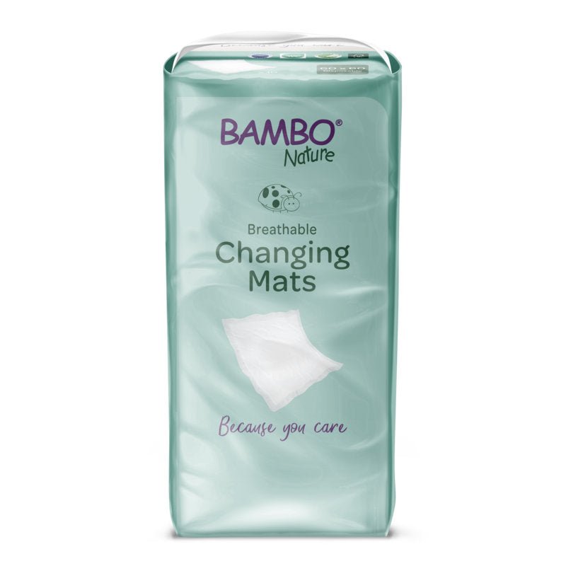 Eine 10er-Packung Bambo Nature Wickelunterlage (60x60 cm) mit Superabsorber von Abena Re-Seller GmbH mit Produkt- und Markendetails sowie einer Kissenabbildung und dem Spruch "Because you care" auf der hellgrünen Verpackung.