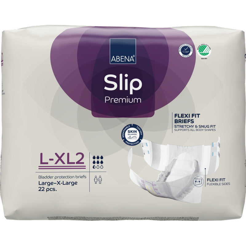 Eine Packung ABENA Slip Flexi Fit M-L Premium der Abena Re-Seller GmbH mit 22 Stück zeichnet sich durch flexible Slips für perfekten Sitz und hautfreundliche Materialien aus.