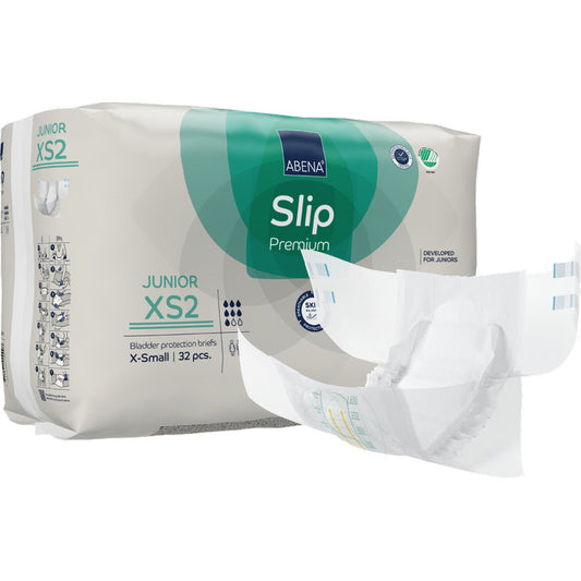 Eine Packung mit der Aufschrift "ABENA Slip Junior Premium Gr XS2" der Abena Re-Seller GmbH enthält 32 extrakleine Blasenschutzslips für Kinder, auf deren Vorderseite ein ungefalteter weißer Premium-Slip abgebildet ist.