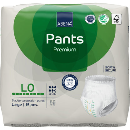 Eine Packung ABENA Pants Premium L von Abena Re-Seller GmbH, Größe large, 15 Stück, in grün-weißer Verpackung mit Symbolen für Auslaufschutz, hohe Saugfähigkeit, Zertifizierungen und Hautschutz.