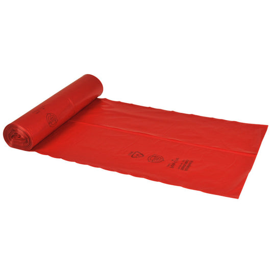 Eine teilweise abgerollte Rolle der Abena Re-Seller GmbH Abfallsäcke 120 L, 700x1100 mm, 34 my LDPE, Rot (Rolle mit 25 Beutel) zeigt auf diesen robusten Müllsäcken gedruckte Symbole und Texte vor weißem Hintergrund.