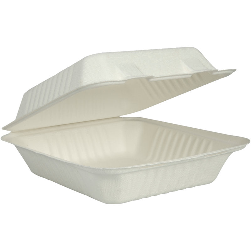 Abgebildet ist eine offene, leere Abena Re-Seller GmbH MenüBox (Bagasse, weiß, 22,3x20,1x7,7 cm) aus biologisch abbaubarem Material vor einem schlichten Hintergrund. Die Packung enthält 50 Paare.
