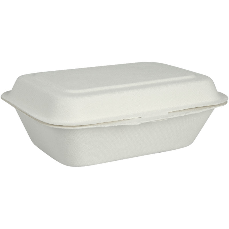 The menu box, bagasse, undivided, white from Abena Re-Seller GmbH is a closed, rectangular white takeaway container made of molded fiber. It is biodegradable and compostable and is shown against a plain white background.