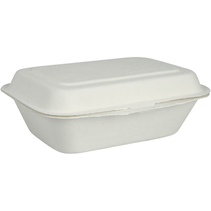 The menu box, bagasse, undivided, white from Abena Re-Seller GmbH is a closed, rectangular white takeaway container made of molded fiber. It is biodegradable and compostable and is shown against a plain white background.