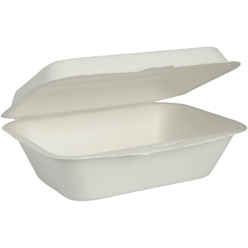 An open, undivided bagasse menu box in white from Abena Re-Seller GmbH, made of biodegradable and compostable material, is shown empty with the lid flipped up against a plain background.