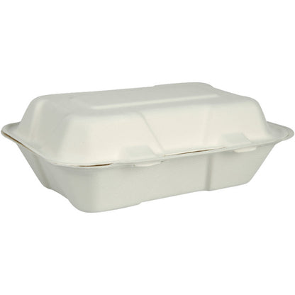 The menu box, bagasse, undivided, white from Abena Re-Seller GmbH is a closed, rectangular, white food container for takeout with a hinged lid made of compostable and biodegradable material, depicted against a plain white background.