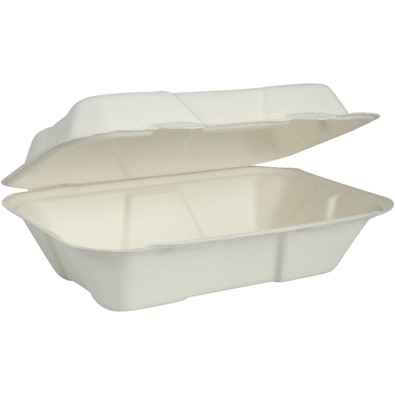 A white, rectangular menu box, bagasse, undivided from Abena Re-Seller GmbH is shown open with the lid raised. The compostable and biodegradable molded fiber container is empty and stands against a plain background.