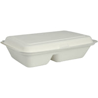 The Abena Re-Seller GmbH meal box, made from bagasse, divided into two sections, white (25x16.2x6.3 cm), biodegradable, and sold in packs of 50, is pictured against a plain white background.