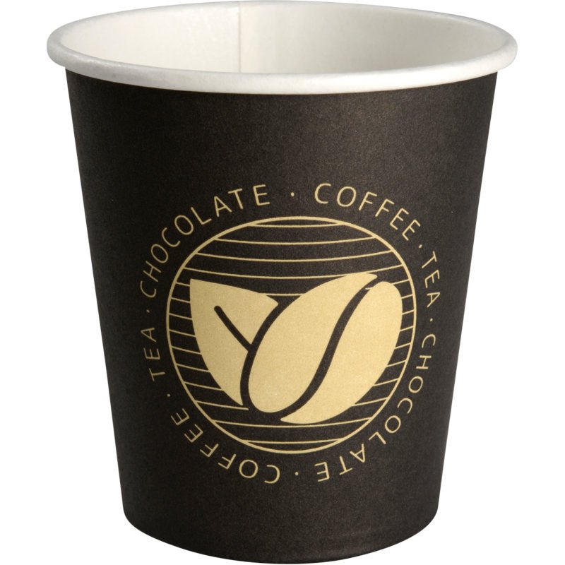 The "Beans" coffee cup from Abena Re-Seller GmbH is a black cup with a golden logo featuring "COFFEE - TEA - CHOCOLATE" in a circle. It stands empty and upright on a white surface - an ideal choice for any coffee lover.