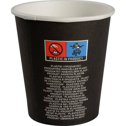 The "Beans" coffee cup from Abena Re-Seller GmbH has a black design with a crossed-out plastic symbol and multilingual "PLASTIC IN PRODUCT" label - an eco-friendly style, ideal next to your favorite ceramic mug.