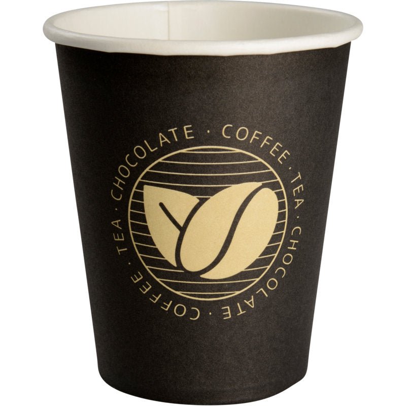 The "Beans" coffee cup from Abena Re-Seller GmbH is a black disposable paper cup with a white interior, golden coffee bean illustration, and "COFFEE - TEA - CHOCOLATE" repeated in a circle - ideal for coffee lovers.