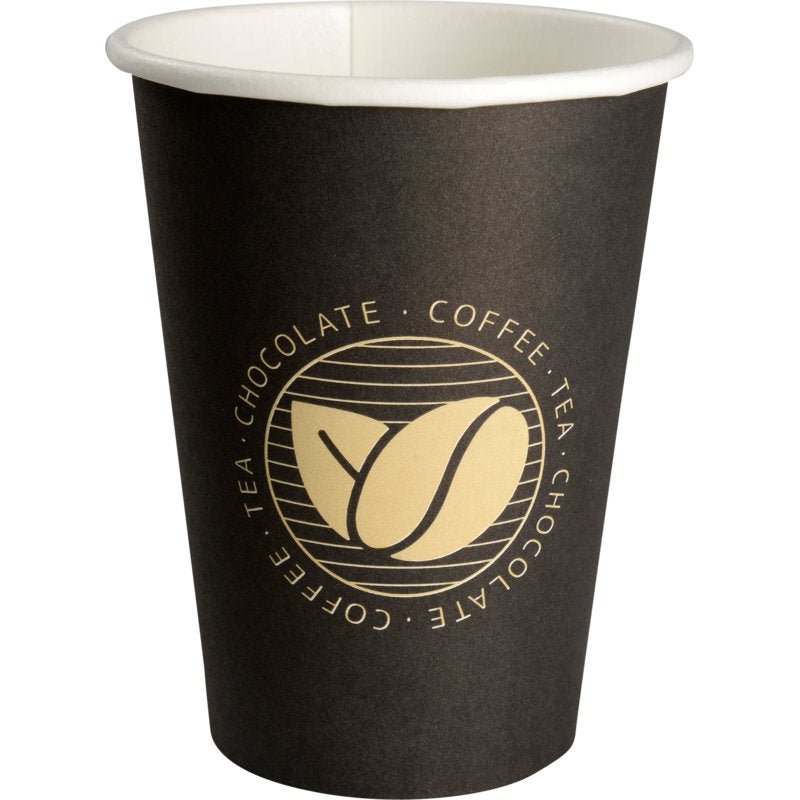 The "Beans" coffee cup from Abena Re-Seller GmbH is black with a white interior and a golden circular logo featuring coffee beans and the words "COFFEE", "TEA" and "CHOCOLATE" - ideal for any coffee lover.