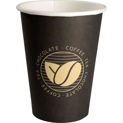 The "Beans" coffee cup from Abena Re-Seller GmbH is black with a white interior and a golden circular logo featuring coffee beans and the words "COFFEE", "TEA" and "CHOCOLATE" - ideal for any coffee lover.