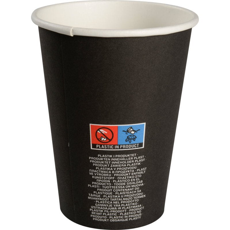 The "Beans" coffee cup from Abena Re-Seller GmbH is a black disposable paper cup with a white interior and multilingual pictograms as well as a "PLASTIC IN PRODUCT" label, ideal for coffee lovers who care about their cup choice.