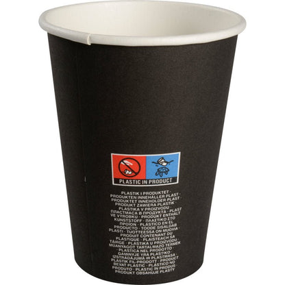 The "Beans" coffee cup from Abena Re-Seller GmbH is a black disposable paper cup with a white interior and multilingual pictograms as well as a "PLASTIC IN PRODUCT" label, ideal for coffee lovers who care about their cup choice.