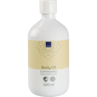 White 500-ml plastic bottle labeled "Skin Care Oil" by Abena Re-Seller GmbH, free of dyes and fragrance, made with natural ingredients, and ideal for sensitive skin; available in a carton of 6 packs.