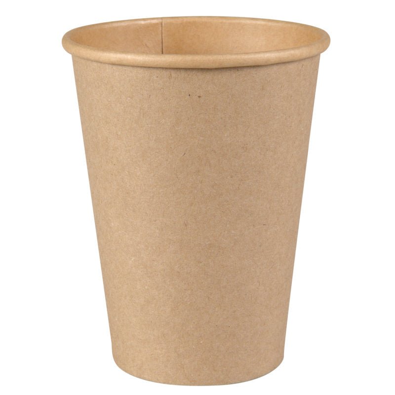 A simple, brown disposable coffee cup from Abena Re-Seller GmbH is depicted against a white background. The empty cup has a rolled rim at the top.
