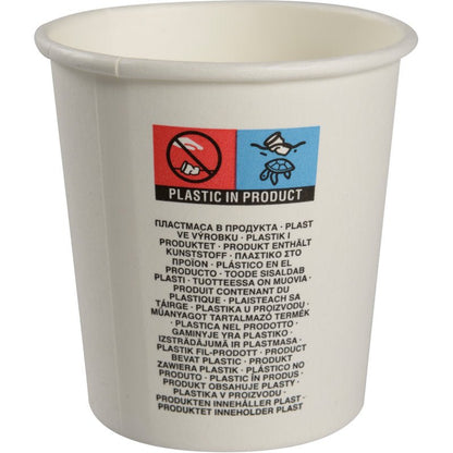 A white paper coffee cup from Abena Re-Seller GmbH, with a multilingual "PLASTIC IN PRODUCT" label under symbols indicating no drinking and no plastic included.