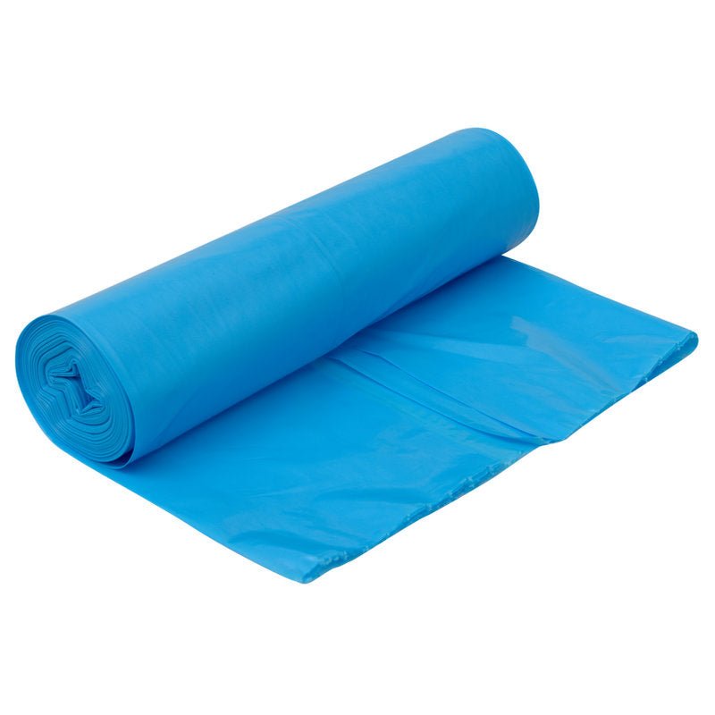 A roll of Abena Re-Seller GmbH trash bags for Sækko Boy 60 (35 my LLDPE) is partially unrolled, revealing several flat blue garbage bag sections on a white background.