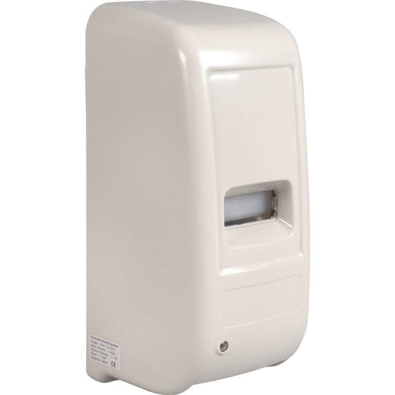 The Abena Re-Seller GmbH Sensor Dispenser, 1,000 ml, White, is a white wall-mounted dispenser with a viewing window and a locking mechanism for optimal hand hygiene and automatic dispensing.