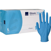 A package of Abena Re-Seller GmbH Classic nitrile gloves, powder-free, blue, size Large—a single blue glove stands upright next to the white-and-blue packaging and is ideal for medical facilities.
