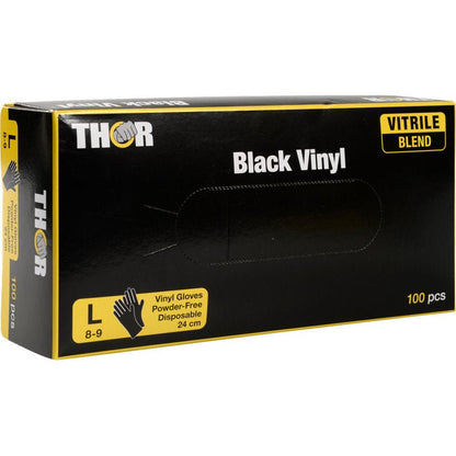 Eine Box Thor Black Vinyl, Vitrile Blend, puderfrei Einweghandschuhe, Größe L (8-9), 100 Stück von Abena Re-Seller GmbH. Die schwarze Box mit gelben Akzenten zeigt die wichtigsten Handschuhinfos vorn.