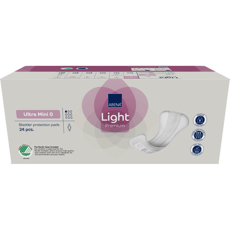 Eine beigefarbene Schachtel mit lila Akzenten enthält 24 ABENA Light Ultra Mini 0, Premium Damenbinden von Abena Re-Seller GmbH, mit Icons für Saugfähigkeit und Hautfreundlichkeit.