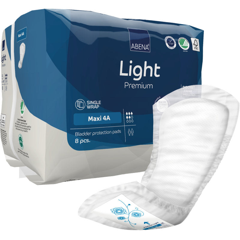 Eine Packung ABENA Light Maxi 4A, Premium (8 Paare) von Abena Re-Seller GmbH wird neben einem einzelnen Pad außerhalb der blau-weißen Verpackung mit Produktangaben und Symbolen präsentiert.