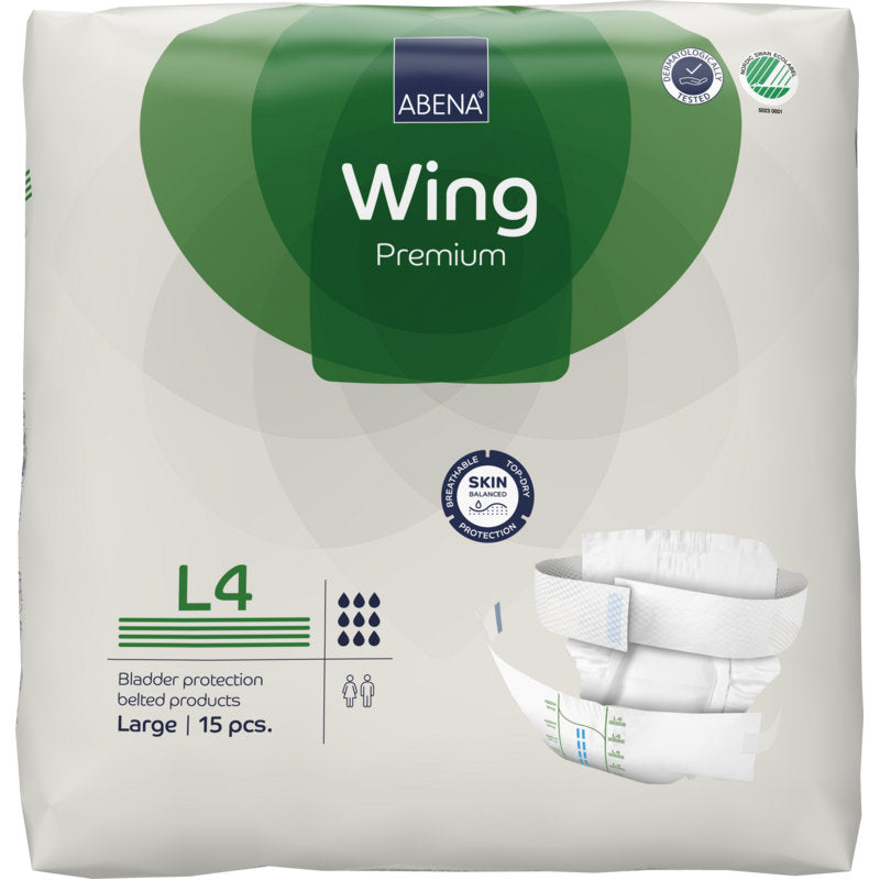 Eine 15er-Packung ABENA Wing Premium von Abena Re-Seller GmbH, Größe Large, in einer weiß-grünen Verpackung mit Produktabbildung, Saugfähigkeitssymbolen und Betonung von Schutz und Komfort.
