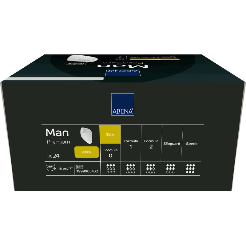 Eine rechteckige Box mit der Aufschrift "ABENA Man Zero, Premium" von Abena Re-Seller GmbH, Packung (24 Paare), zeigt Symbole für die Saugfähigkeit und hebt den diskreten Schutz mit Optionen wie "Zero", "Formula 0", "Slipguard" und "Special" hervor.