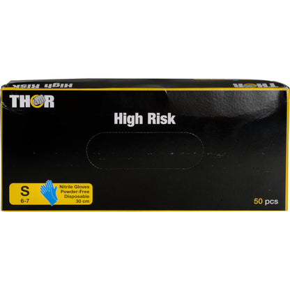 Eine schwarze Schachtel mit der Aufschrift "THOR High Risk" der Abena Re-Seller GmbH enthält 50 kleine (6-7), blaue, puderfreie Thor High Risk Nitril-Handschuhe, 30 cm lang, für den Chemikalienschutz. Die Aufschrift "High Risk" ist in weißer Schrift dargestellt.