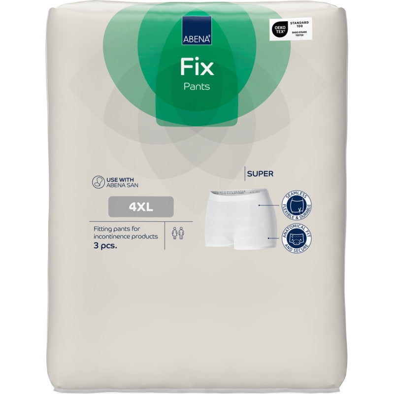Packung der Abena Re-Seller GmbH Fixierhosen ABENA Fix Pants Super, Größe 4XL, 3er-Pack. Beigefarbene Verpackung mit grünen und blauen Akzenten, Produktbild und Funktionssymbolen.
