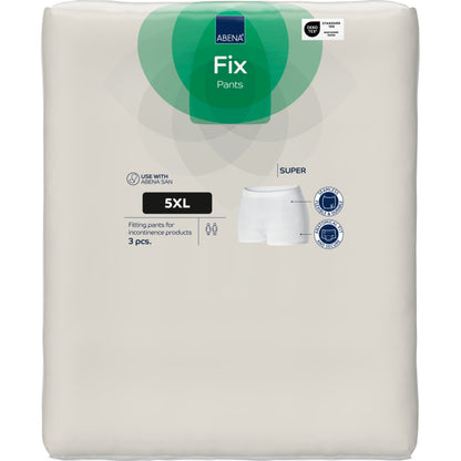 Eine 3er-Packung Abena Re-Seller GmbH Fixierhosen ABENA Fix Pants Super, Größe 5XL, in weißer Verpackung mit grünen und blauen Akzenten mit Produktbildern und Symbolen zur Verwendung mit Inkontinenzprodukten.
