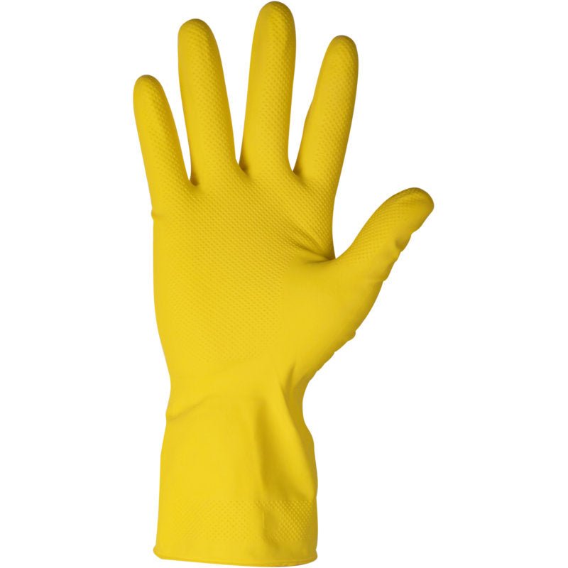 An ENA Household latex household glove in yellow from Abena Re-Seller GmbH is presented upright with the palm facing forward and fingers spread. The textured latex glove is ideal for cleaning or other household tasks.