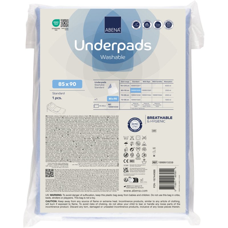 Ein Karton Abena Re-Seller GmbH Waschbare Unterlage, 90x85 cm, Hellblau (30 Packungen) ist mit Produktangaben, Anwendungshinweisen und Symbolen für Hygiene und Atmungsaktivität auf der Verpackung abgebildet.