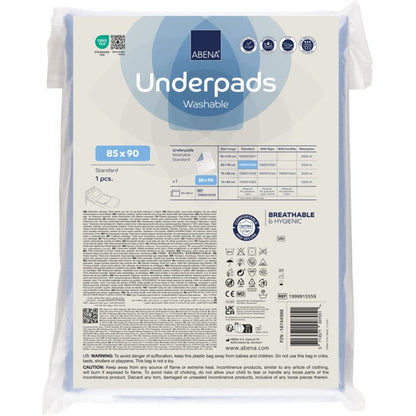 Ein Karton Abena Re-Seller GmbH Waschbare Unterlage, 90x85 cm, Hellblau (30 Packungen) ist mit Produktangaben, Anwendungshinweisen und Symbolen für Hygiene und Atmungsaktivität auf der Verpackung abgebildet.