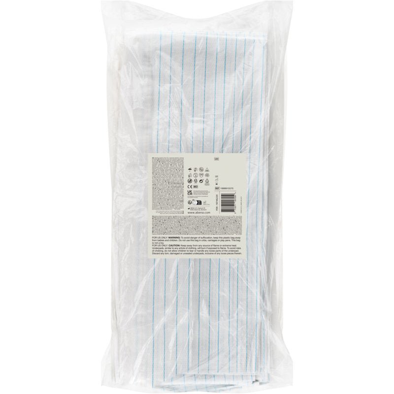 A clear plastic packaging contains 25 white Abena Re-Seller GmbH protective sheets, PE with lamination, 48 threads, 80x170 cm. On the front, there is a rectangular label with text and symbols indicating medical protection.