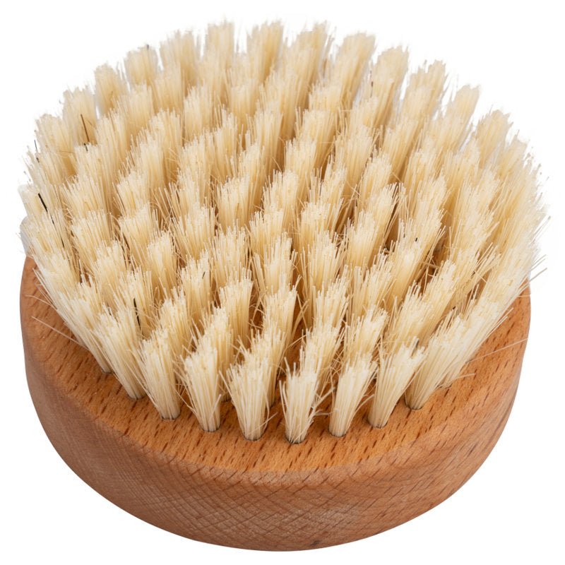 The ENA Living Hand Massage Brush from Abena Re-Seller GmbH is a handle-less round wooden brush with densely packed light beige natural bristles designed to promote blood circulation and relaxation. Available in a carton (24 packs).