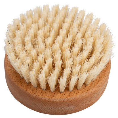 The ENA Living Hand Massage Brush from Abena Re-Seller GmbH is a handle-less round wooden brush with densely packed light beige natural bristles designed to promote blood circulation and relaxation. Available in a carton (24 packs).