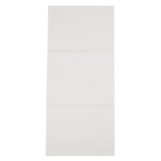 Ein ungefaltetes rechteckiges Einmal-Handtuch, Airlaid, Weiß der Abena Re-Seller GmbH liegt flach auf einer ebenen Fläche mit sichtbaren Falzknicken.