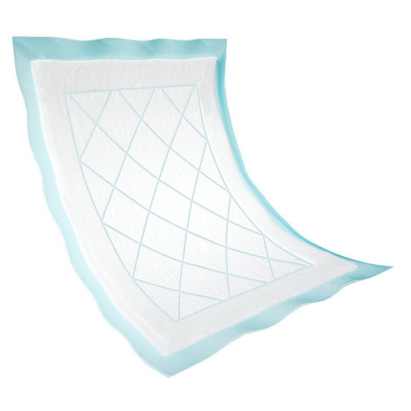 Die Einweg-Unterlage Abri-Soft Superdry Blau von Abena Re-Seller GmbH hat eine weiße Oberfläche, einen hellblauen Rand und ein Rautenmuster in der Mitte. Leicht gewölbt, ist sie ideal für Pflegeeinrichtungen und wird vor einem weißen Hintergrund gezeigt.