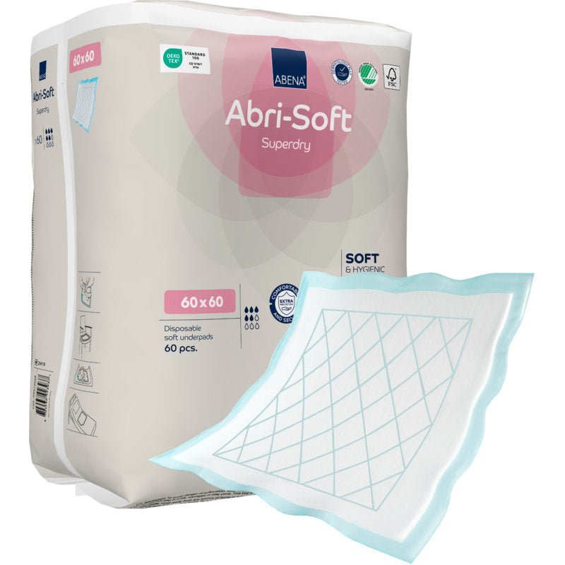 Gezeigt wird ein Paket mit der Aufschrift "Einweg-Unterlage, Abri-Soft Superdry, Blau" der Abena Re-Seller GmbH (60 x 60 cm, 60 Stück). Eine Inkontinenzauflage mit blauem Rand und Gittermuster liegt außerhalb des Pakets.