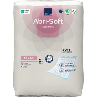 Eine 60er Packung Abena Re-Seller GmbH Einweg-Unterlage, Abri-Soft Superdry, Blau (60 x 60 cm) bietet Weichheit, Hygiene, eine wasserdichte Schicht und eine Rautenprägung - ideal als Inkontinenzeinlage.