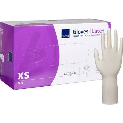 A box of Abena Re-Seller GmbH Latex Gloves Classic, Powder-Free, Long, Natural in size XS is shown next to an upright glove. The purple-white box highlights product details and offers long-lasting protection for medical applications.