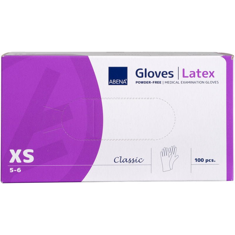 A box of Abena Re-Seller GmbH Latex Gloves Classic, Powder-Free, Long, Natural in size XS (5-6). The purple-white box contains 100 gloves and is marked with a glove symbol in the lower right corner.