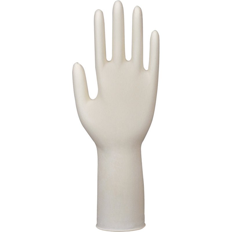 A single Abena Re-Seller GmbH Latex Glove Classic, powder-free and long, natural, is shown upright with the palm facing forward and fingers extended to highlight its design.